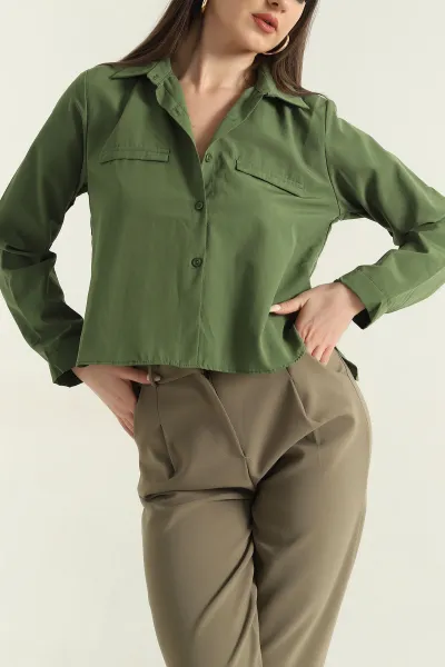 Yeşil Poplin Kumaş Kadın Crop Gömlek 355798