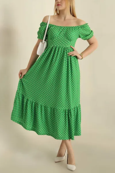Yeşil Puantiyeli Bürümcük Kumaş Elbise 269435