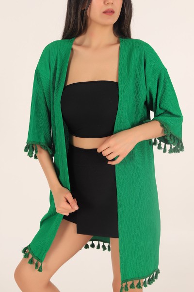 Yeşil Püskül Detay Seul Kimono Hırka 168590