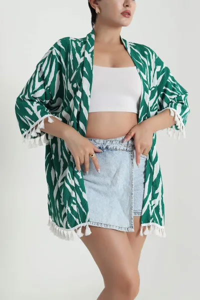 Yeşil Püsküllü Bürümcük Kadın Kimono 481657