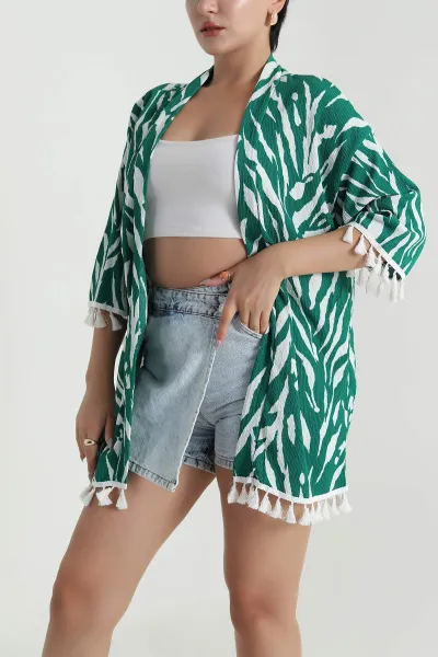 Yeşil Püsküllü Bürümcük Kadın Kimono 481657
