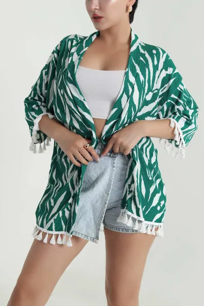 Yeşil Püsküllü Bürümcük Kadın Kimono 481657