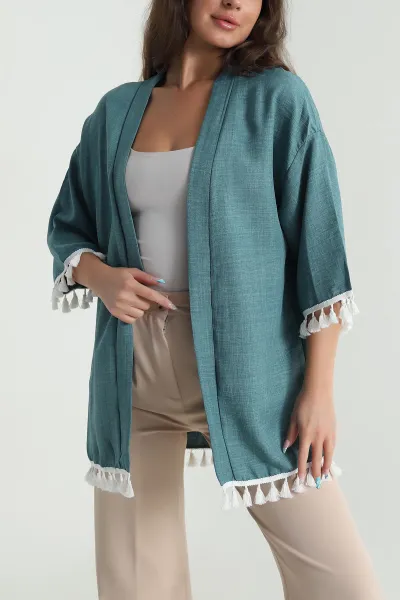 Yeşil Püsküllü Keten Kadın Kimono 481640
