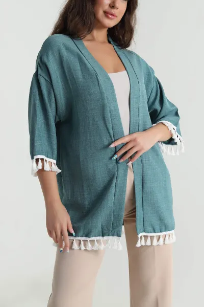 Yeşil Püsküllü Keten Kadın Kimono 481640
