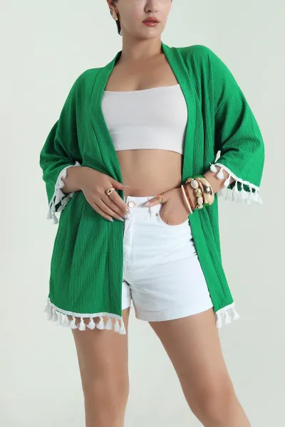Yeşil Püsküllü Krinkıl Kadın Kimono 481935