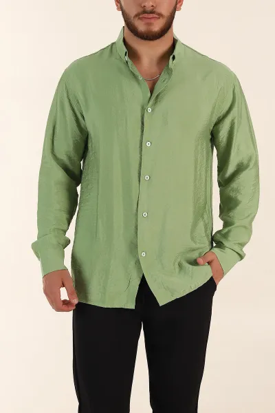 Yeşil Regular Fit Ata Yaka Basic Uzun Kollu Erkek Gömlek 370031