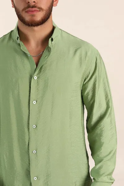 Yeşil Regular Fit Ata Yaka Basic Uzun Kollu Erkek Gömlek 370031