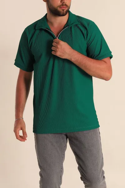 Yeşil Regular Fit Çizgi Dokulu Fermuarlı Polo Yaka Erkek Tişört 277166