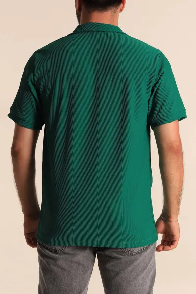 Yeşil Regular Fit Çizgi Dokulu Fermuarlı Polo Yaka Erkek Tişört 277166