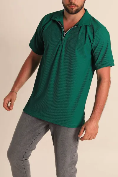 Yeşil Regular Fit Çizgi Dokulu Fermuarlı Polo Yaka Erkek Tişört 277166