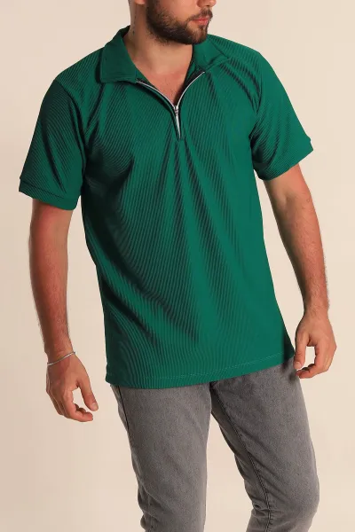 Yeşil Regular Fit Çizgi Dokulu Fermuarlı Polo Yaka Erkek Tişört 277166