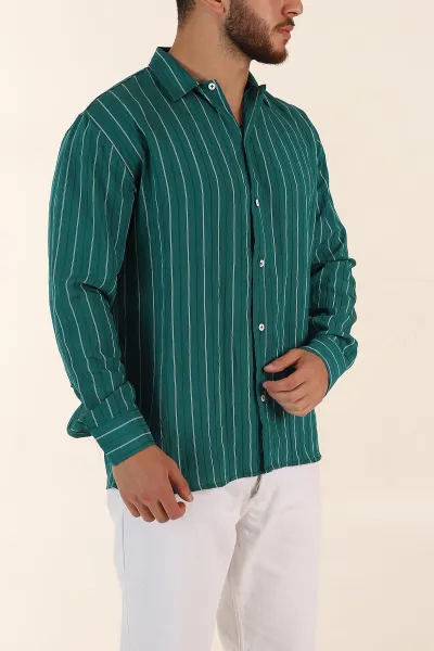 Yeşil Regular Fit Çizgili Uzun Kollu Erkek Gömlek 369566