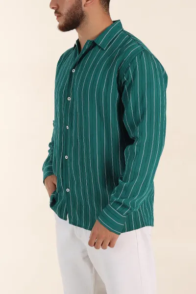 Yeşil Regular Fit Çizgili Uzun Kollu Erkek Gömlek 369566