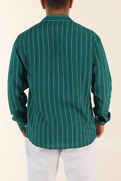 Yeşil Regular Fit Çizgili Uzun Kollu Erkek Gömlek 369566