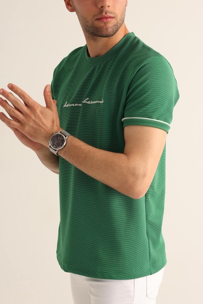 Yeşil Regular Fit Dokulu Nakışlı Yazı Detay Erkek Tişört 182159
