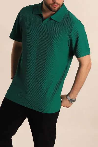 Yeşil Regular Fit Fitilli Doku Patlı Polo Yaka Erkek Tişört 270577