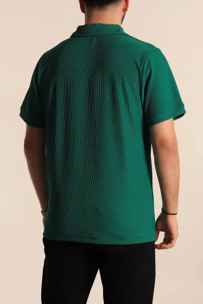 Yeşil Regular Fit Fitilli Doku Patlı Polo Yaka Erkek Tişört 270577