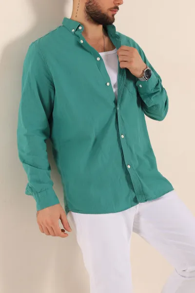 Yeşil Regular Fit Keten Tek Cep Detaylı Uzun Kollu Erkek Gömlek 244751