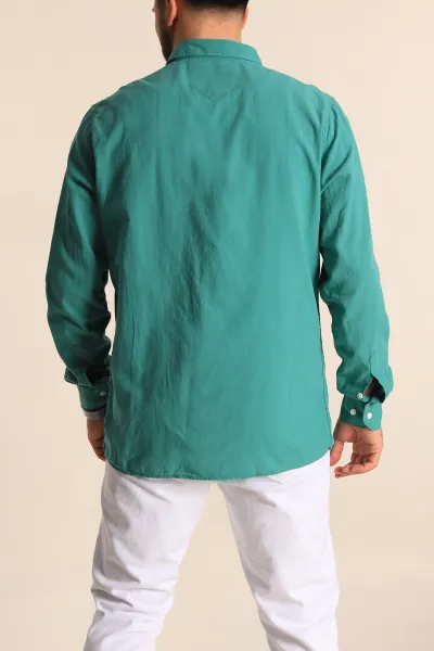 Yeşil Regular Fit Keten Tek Cep Detaylı Uzun Kollu Erkek Gömlek 244751