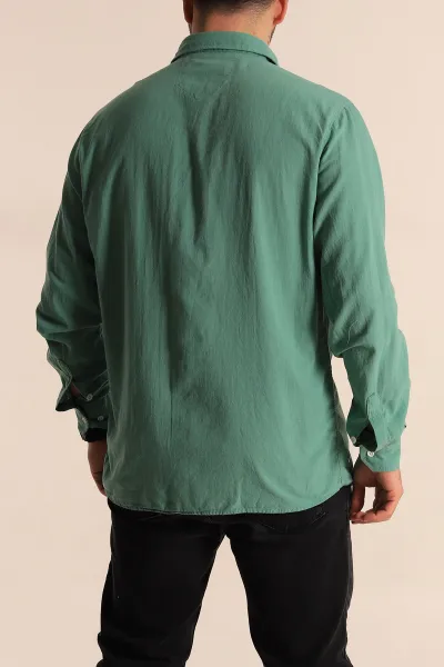 Yeşil Regular Fit Keten Tek Cep Detaylı Uzun Kollu Erkek Gömlek 267483