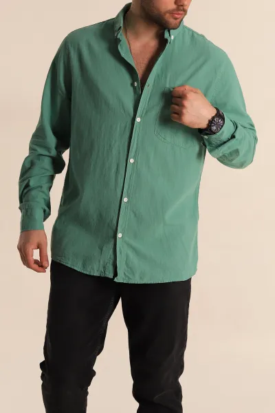 Yeşil Regular Fit Keten Tek Cep Detaylı Uzun Kollu Erkek Gömlek 267483