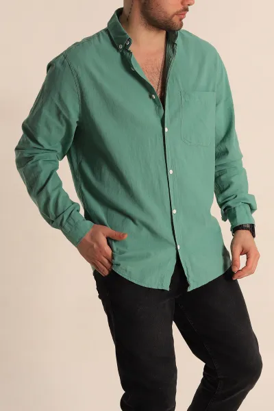 yesil-regular-fit-keten-tek-cep-detayli-uzun-kollu-erkek-gomlek-267483