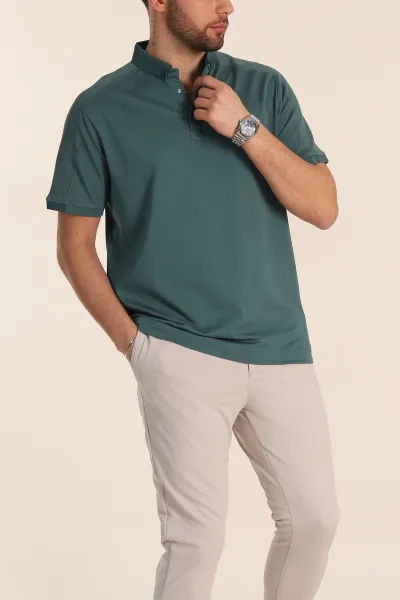 Yeşil Regular Fit Parçalı Polo Yaka Erkek Tişört 346727