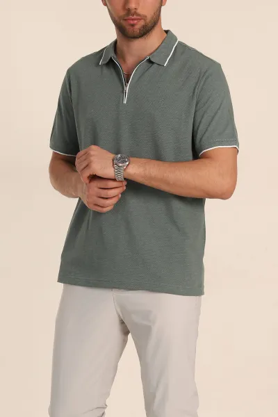Yeşil Regular Fit Petek Dokulu Polo Yaka Erkek Tişört 349897