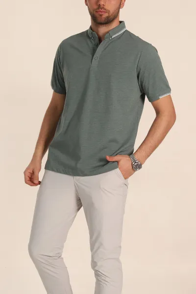 Yeşil Regular Fit Süprem Kumaş Kol Detaylı Polo Yaka Erkek Tişört 349937