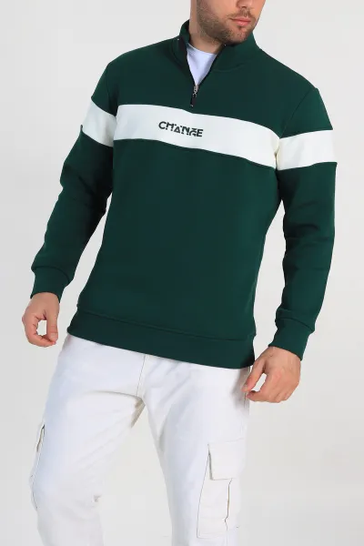 Yeşil Regular Fit Üç İp Şardonlu Yazı Detay Yarım Fermuarlı Erkek Sweatshirt 320517
