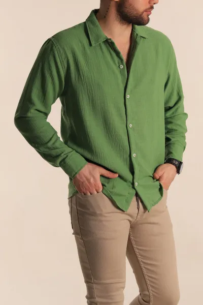 Yeşil Regular Fit Uzun Kollu Keten Erkek Gömlek 269328
