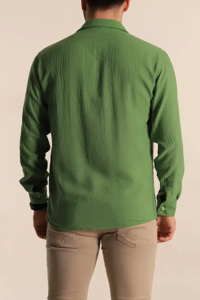 Yeşil Regular Fit Uzun Kollu Keten Erkek Gömlek 269328