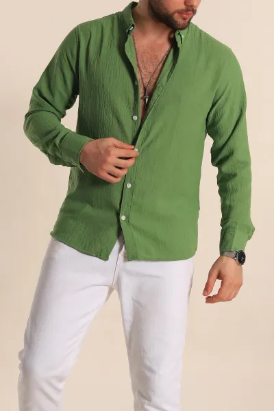 Yeşil Regular Fit Uzun Kollu Keten Erkek Gömlek 269478