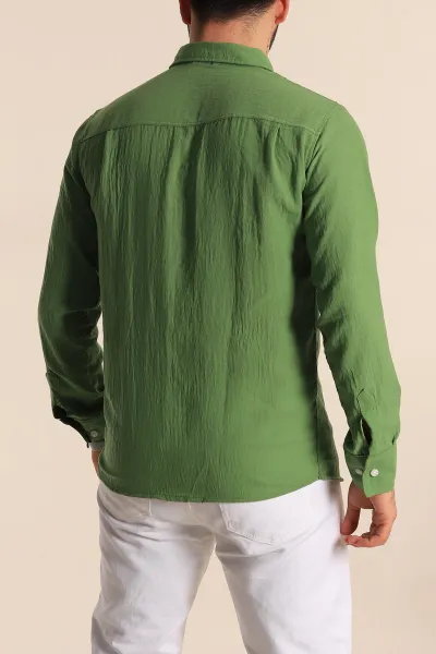 Yeşil Regular Fit Uzun Kollu Keten Erkek Gömlek 269478