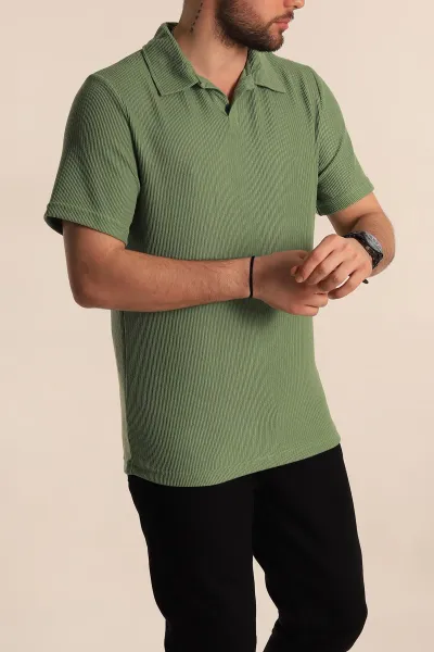 Yeşil Relaxed Fit Fitilli Doku Polo Yaka Erkek Tişört 268865