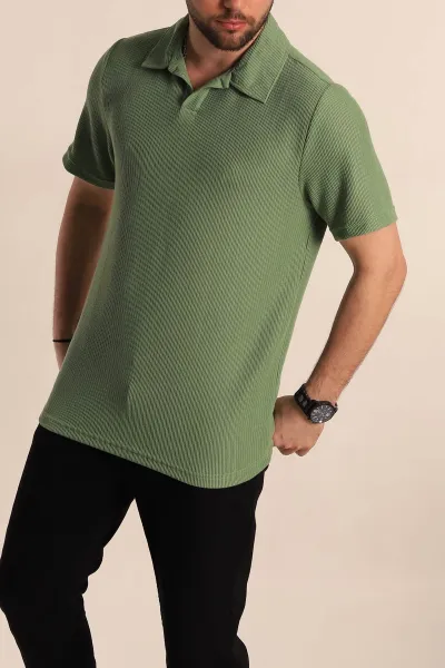 Yeşil Relaxed Fit Fitilli Doku Polo Yaka Erkek Tişört 268865