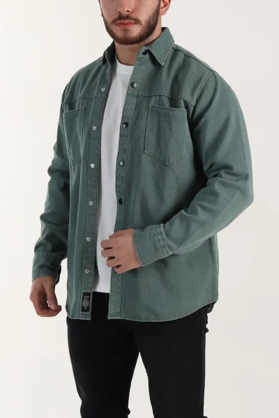 Yeşil Relaxed Fit Gabardin Çift Cepli Yıkamalı  Erkek Gömlek 397970