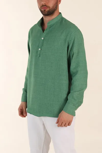 Yeşil Relaxed Fit Hakim Yaka Yarım Düğmeli Erkek Gömlek 369851