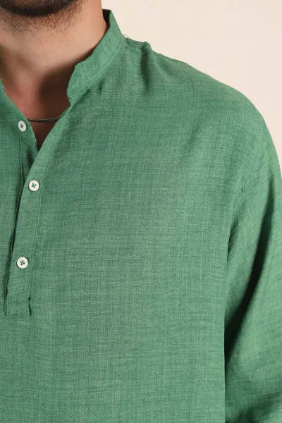 Yeşil Relaxed Fit Hakim Yaka Yarım Düğmeli Erkek Gömlek 369851