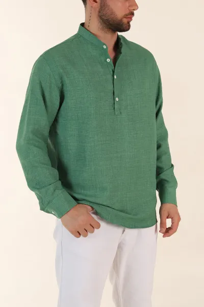 Yeşil Relaxed Fit Hakim Yaka Yarım Düğmeli Erkek Gömlek 369851