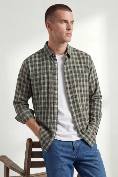 Yeşil Relaxed Fit Kare Desen Erkek Gömlek 435775