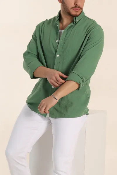 Yeşil Relaxed Fit Keten Ata Yaka Erkek Gömlek 339164