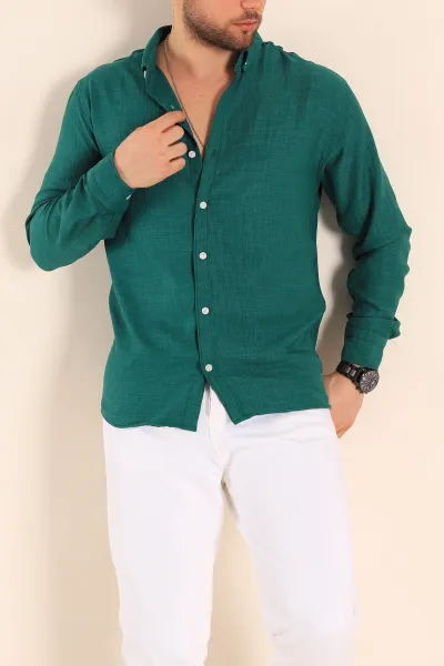 Yeşil Relaxed Fit Keten Erkek Gömlek 256525