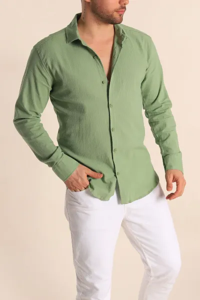 Yeşil Relaxed Fit Kırınkıl Keten Erkek Gömlek 256992