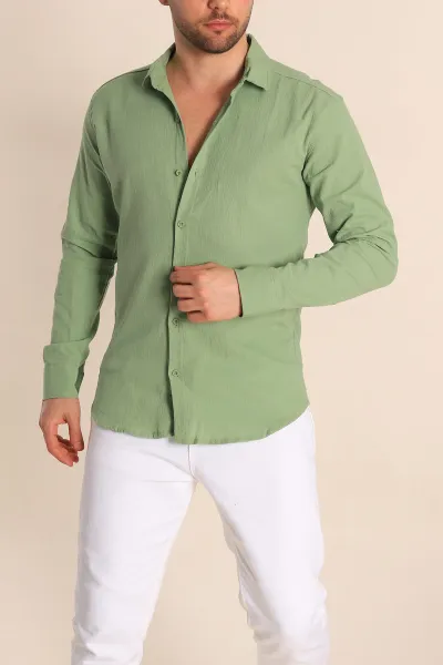 Yeşil Relaxed Fit Kırınkıl Keten Erkek Gömlek 256992