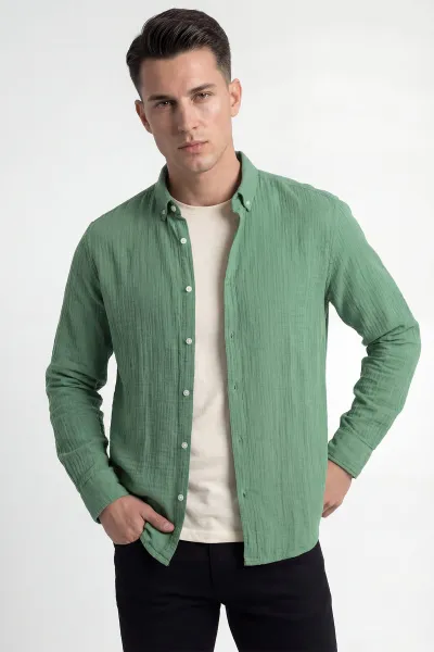 yesil-relaxed-fit-muslin-keten-ata-yaka-erkek-gomlek-435748