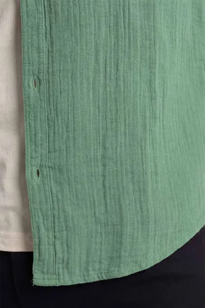 Yeşil Relaxed Fit Müslin Keten Ata Yaka Erkek Gömlek 435748