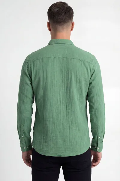 Yeşil Relaxed Fit Müslin Keten Ata Yaka Erkek Gömlek 435748