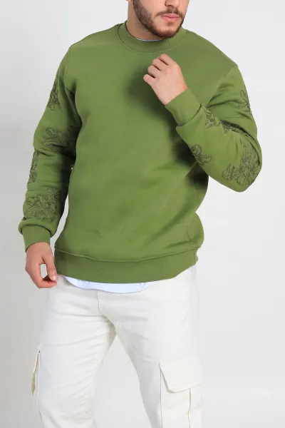 Yeşil Relaxed Fit Üç İp Şardonlu Nakış Detaylı Erkek Sweatshirt 311183