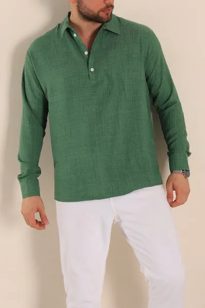 Yeşil Relaxed Fit Yarım Düğmeli Erkek Gömlek 269459